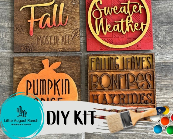 A Little August Ranch DIY kit with wood items for creating the Tiered Tray Fall DIY - Leaning Ladder Insert Kit, featuring the words fall weather and pumpkins.