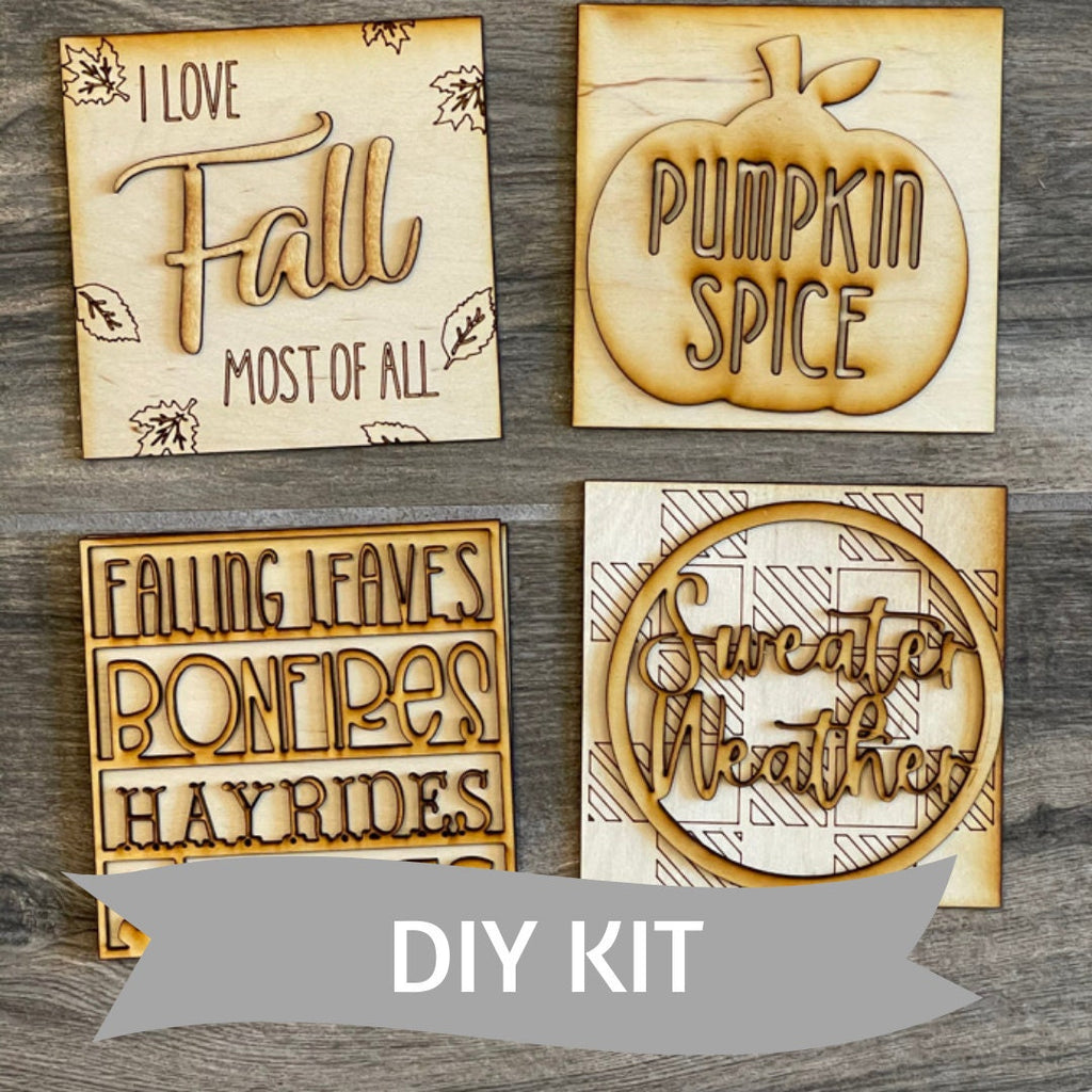 A Tiered Tray Fall DIY kit featuring wood items, including signs with the words fall, fall, fall, fall, fall, fall, fall, fall, fall, perfect for a tiered tray from Little August Ranch.