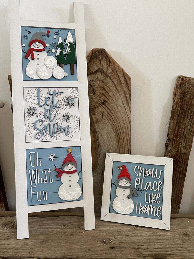 Snowman Tiered Tray Decor - Winter Interchangeable Ladder and Tiered Tray Decor - Snowmen Handcrafted Wood Decor Kit