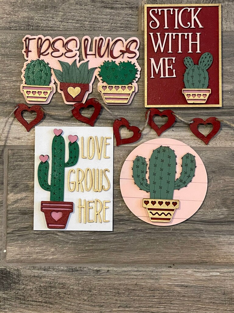 Valentine Tiered Tray Set - Finished Tray Bundle - Cactus Love - Free Hugs - Succulent Decor