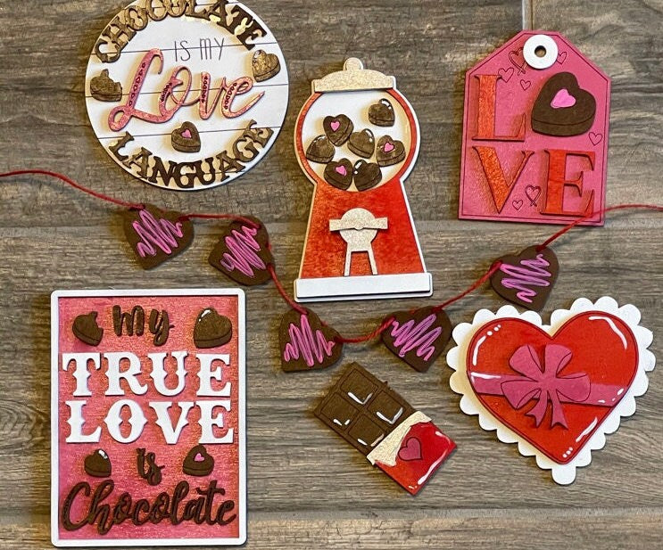 Valentine Tiered Tray Set - Finished Tray Bundle - Chocolate is my Love Language - Candy Machine Decor - Love Gift Tag