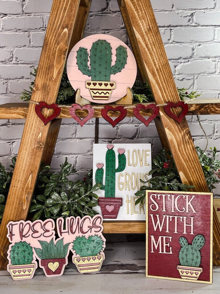 Valentine Tiered Tray Set - Finished Tray Bundle - Cactus Love - Free Hugs - Succulent Decor
