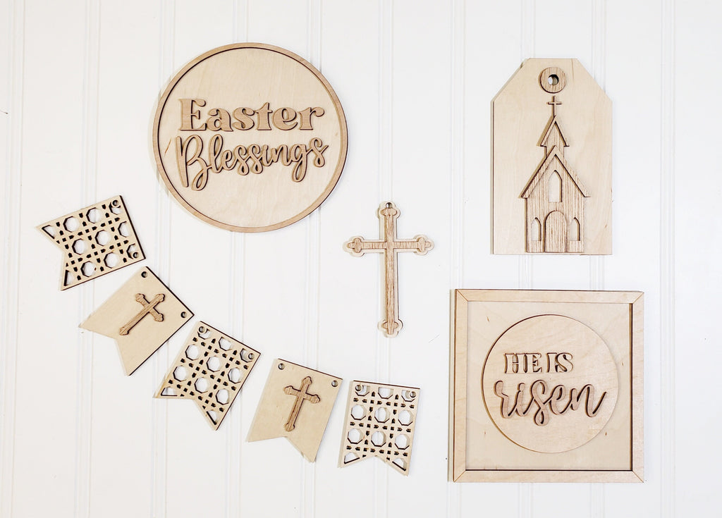 DIY Christian Easter Tiered Tray - Jesus Tier Tray Bundle - He is Risen - Church -Rattan Easter - Wood Blanks - Paint Kit