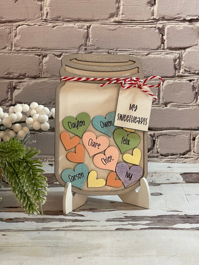 Personalized Valentine Gift - My Sweetheart - Grandma's Sweethearts - Jar of Hearts - Mason Jar with Heart - Tiered Tray Shelf Decor