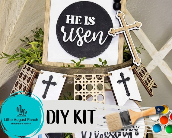 DIY Christian Easter Tiered Tray - Jesus Tier Tray Bundle - He is Risen - Church -Rattan Easter - Wood Blanks - Paint Kit