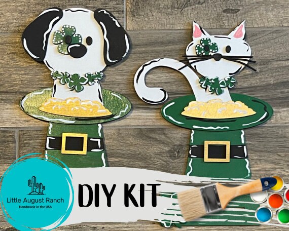 DIY St Patrick's Decor - Cute Irish Animals - Kids St Patty DIY Kit - St Patty's Shelf Decor - Dog and Cat Decor