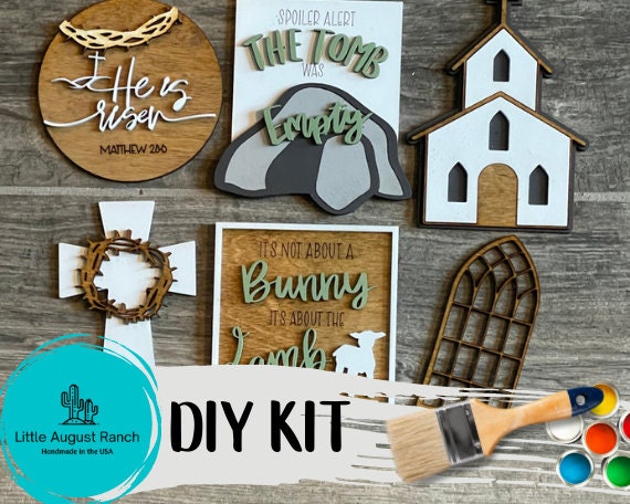 DIY Christian Easter Tiered Tray - Jesus Tier Tray Bundle - He is Risen - Church - Tomb - Wood Blanks - Paint Kit