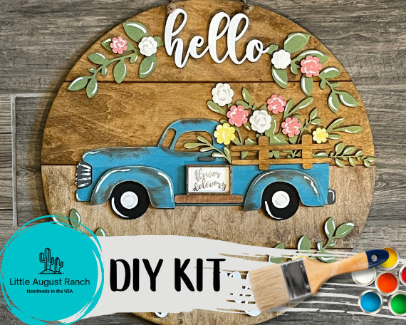 Hello Spring  Door Hanger DIY Kit - Old Truck Welcome Paint Kit Wall Hanging -Flower Delivery Paint Kit - Old Truck Wood Blank