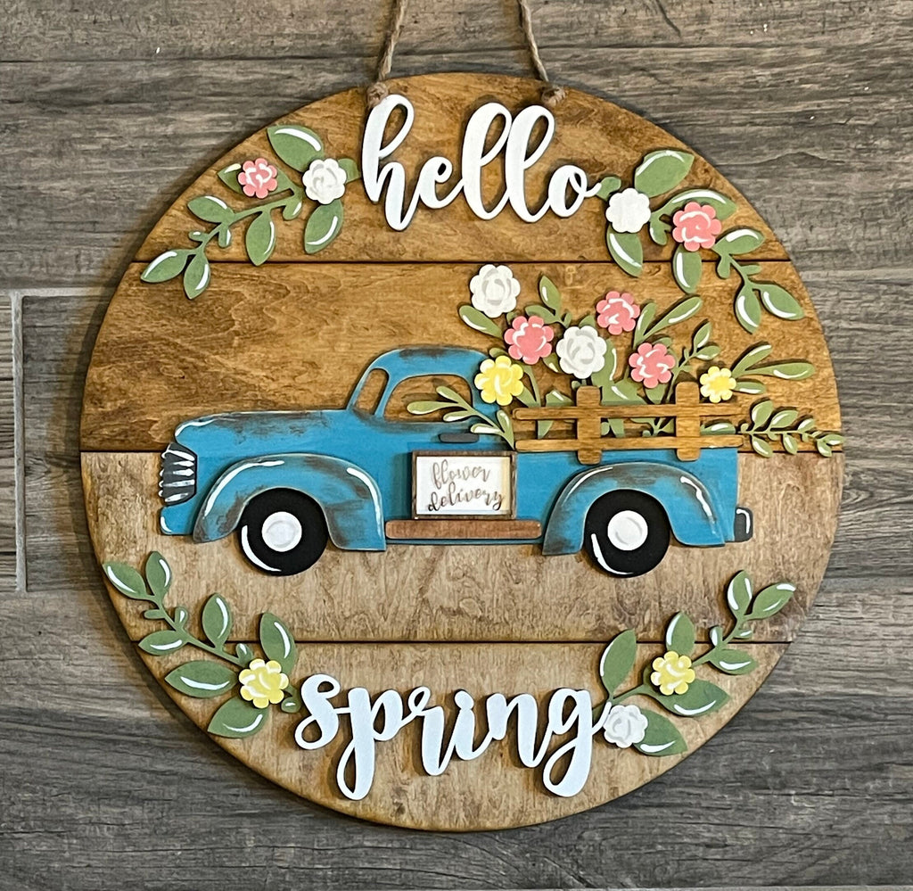 Hello Spring  Door Hanger DIY Kit - Old Truck Welcome Paint Kit Wall Hanging -Flower Delivery Paint Kit - Old Truck Wood Blank