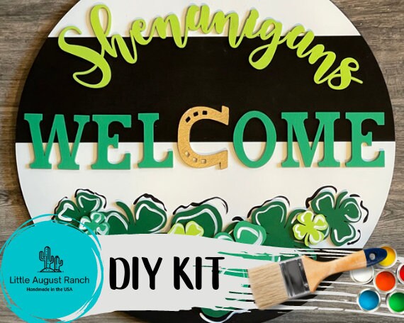 St Patricks  Door Hanger DIY Kit - Shenanigans Welcome Paint Kit Wall Hanging - Irish Wood Blank Decor