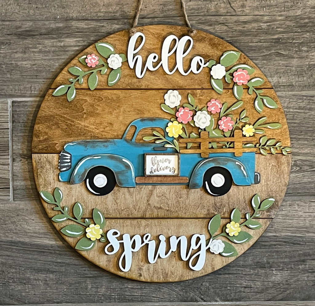 Hello Spring Door Hanger - Old Truck Wall Hanging - Flower Delivery Decor