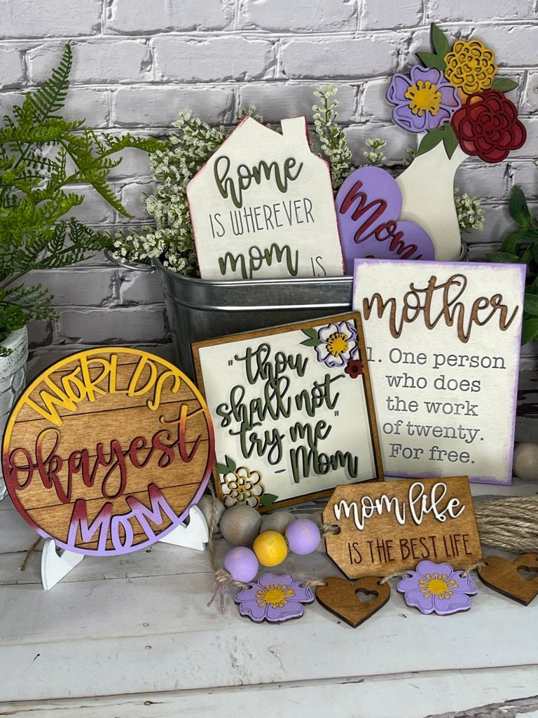 Mother's Day Tiered Tray - Hand painted Wood Mother's Day Decor - Shelf Sitter Bundle