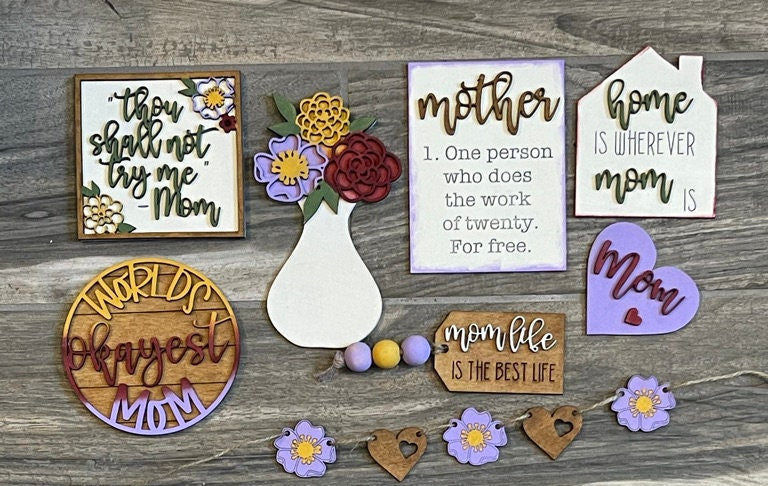 Mother's Day Tiered Tray - Hand painted Wood Mother's Day Decor - Shelf Sitter Bundle