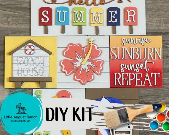 DIY Summer Beach Paint Kit - Interchangeable Ladder Insert DIY Bundle - Leaning Ladder Insert Kit -Flamingo Wood tile - Tiered Tray