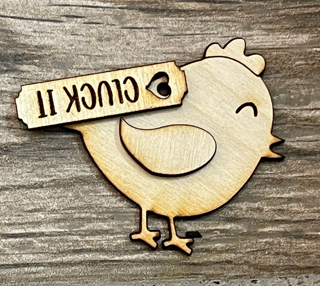 A wooden Funny Chicken DIY Tiered Tray - Butt Nuggets from Little August Ranch, with a tag on a wood surface.