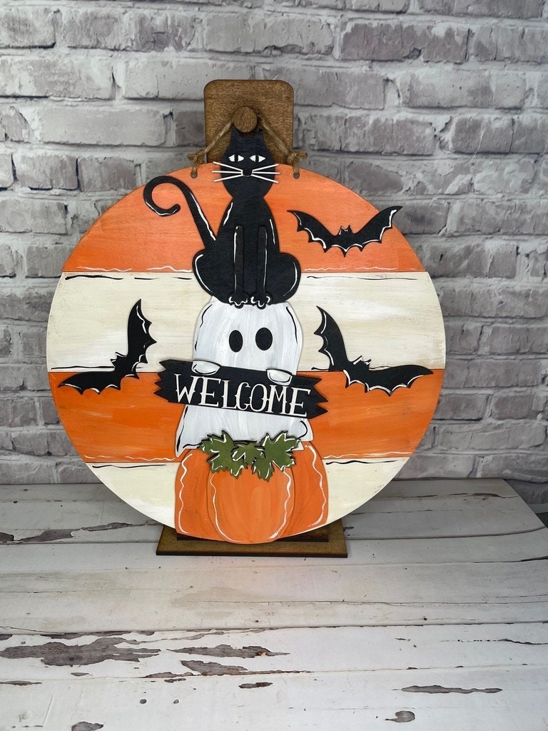 Spooky Halloween Door Hanger - Black Cat, Ghost, Pumpkin Wall Hanger