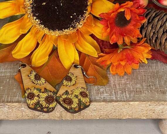 Sunflower Earrings - Painted Wood Earrings