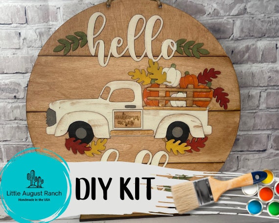 Hello Fall Door Hanger DIY Kit - Old Truck Welcome Paint Kit Wall Hanging -Pumpkin Delivery Paint Kit - Old Truck Wood Blank