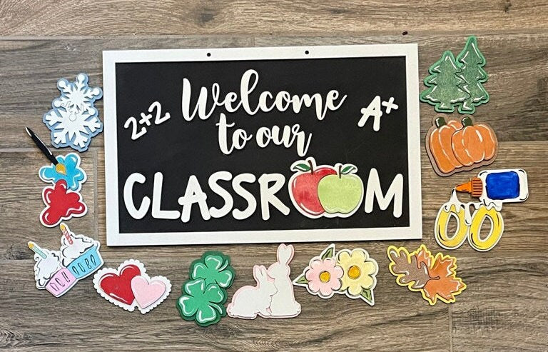 Classroom Sign with Interchangeable Seasonal Pieces - Teacher Door Hanger
