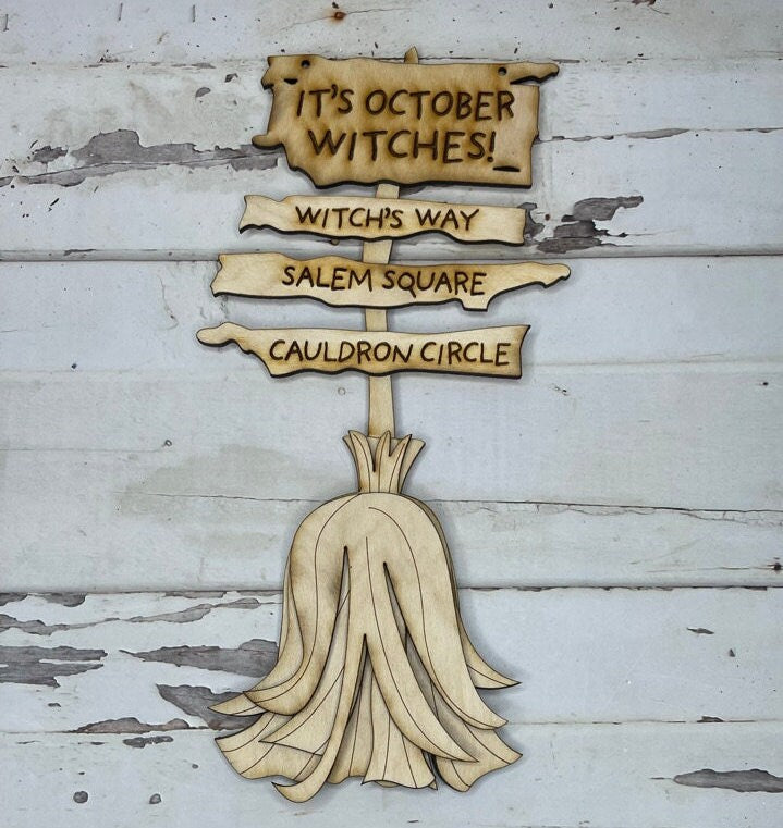 Halloween Direction Sign Standing Broom DIY Wood Kit - It's October Witches