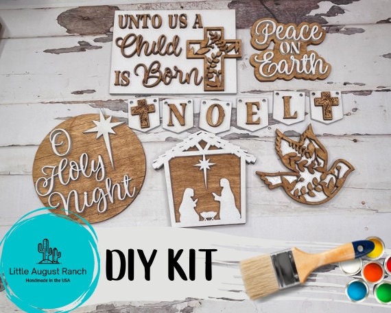 DIY Nativity Tiered Tray Set - Finished Tiered Tray Bundle - Christmas Believe Nativity Baby Jesus Wood Kit