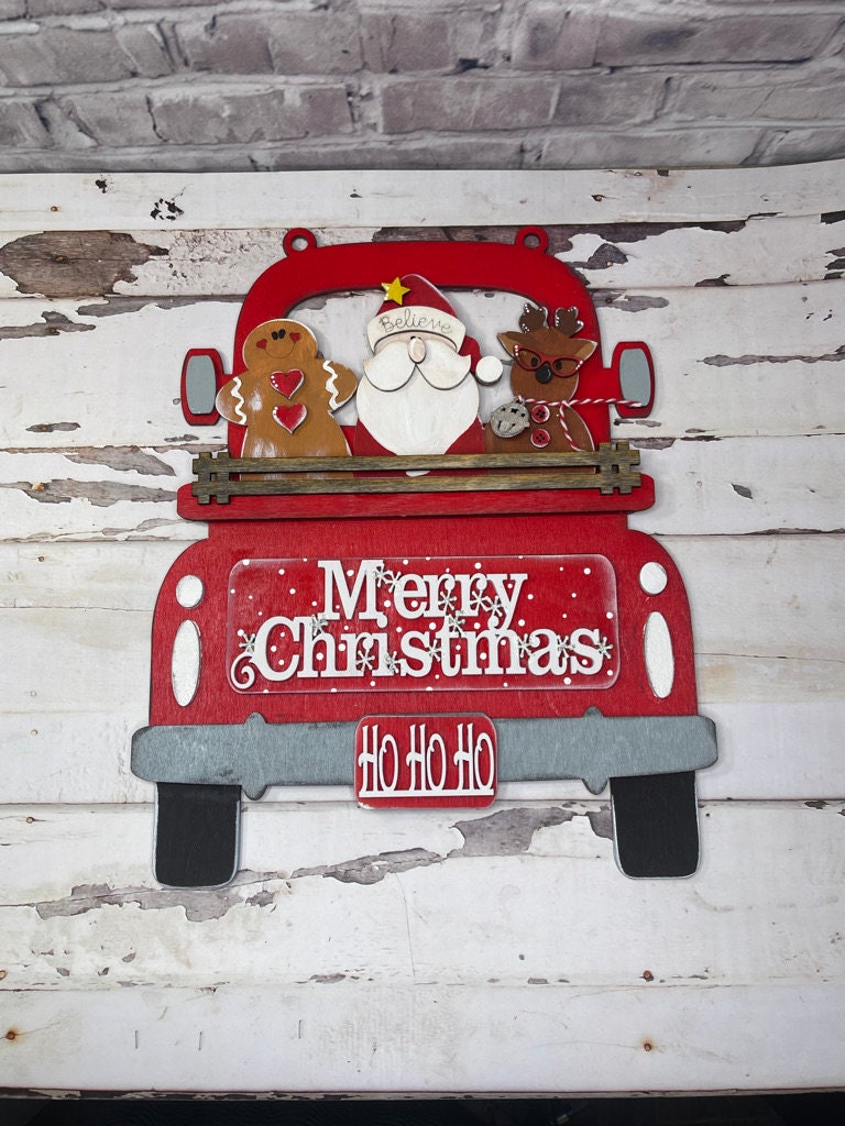 Merry Christmas Insert for Large Interchangeable Truck - Gingerbread, Santa, Reindeer Trio add in for Truck Interchangeable Pieces