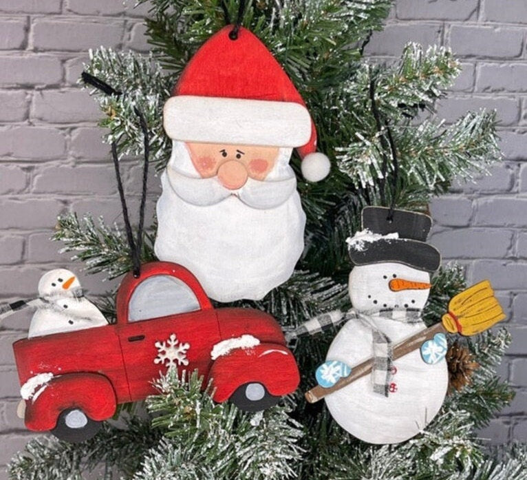 DIY Christmas Ornament Trio Wood Blanks - Santa, Snowman, Red Truck Christmas Ornament Craft