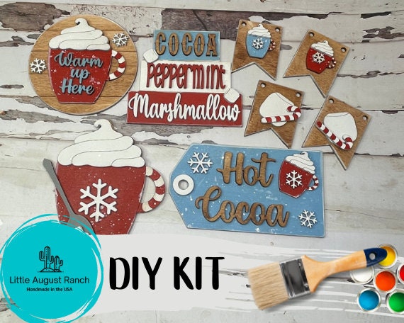 DIY Hot Cocoa Tiered Tray - Winter Tiered Tray Bundle - Paint it Yourself - Hot Chocolate, Peppermint,  Marshmallows Paint Kit