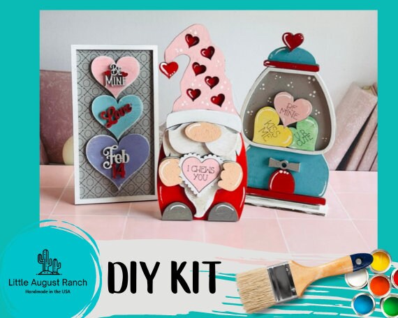 Valentine Love Gnome Trio DIY - Standing Gnome on Base - DIY Wood Paint Kit - Valentine Bubblegum Machine