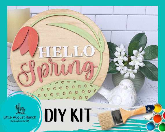 Hello Spring Door Hanger DIY Kit - Spring Paint Kit Wall Hanging - Paint Kit - Tulip Round Wood Blank