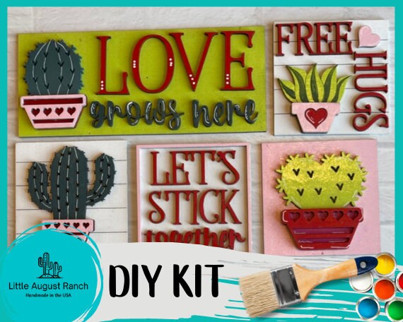 Valentine Cactus DIY Leaning Ladder Insert Kit  - Interchangeable Valentine Decor - Free Hugs DIY Wood Tile