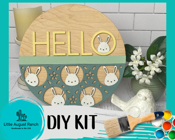 Hello Easter Bunny Door Hanger DIY Kit - Spring Paint Kit Wall Hanging - Paint Kit - Round Wood Blank