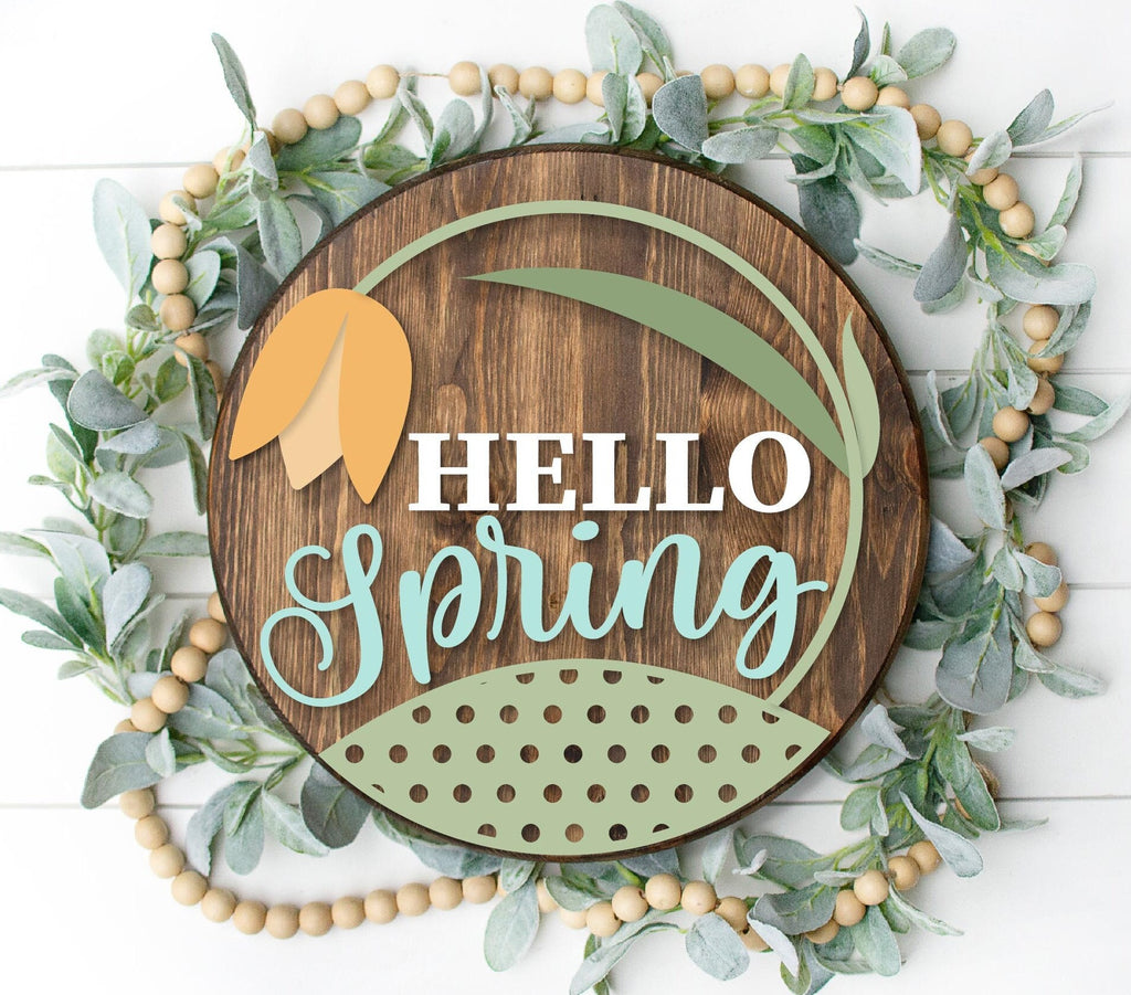 Hello Spring Door Hanger DIY Kit - Spring Paint Kit Wall Hanging - Paint Kit - Tulip Round Wood Blank