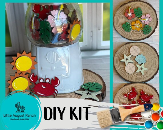 Summer Beach Machine Filler - DIY Gumball Filler Craft Kit - Wood Blanks - Sun - Tropical Flowers - Seashells - Crabs