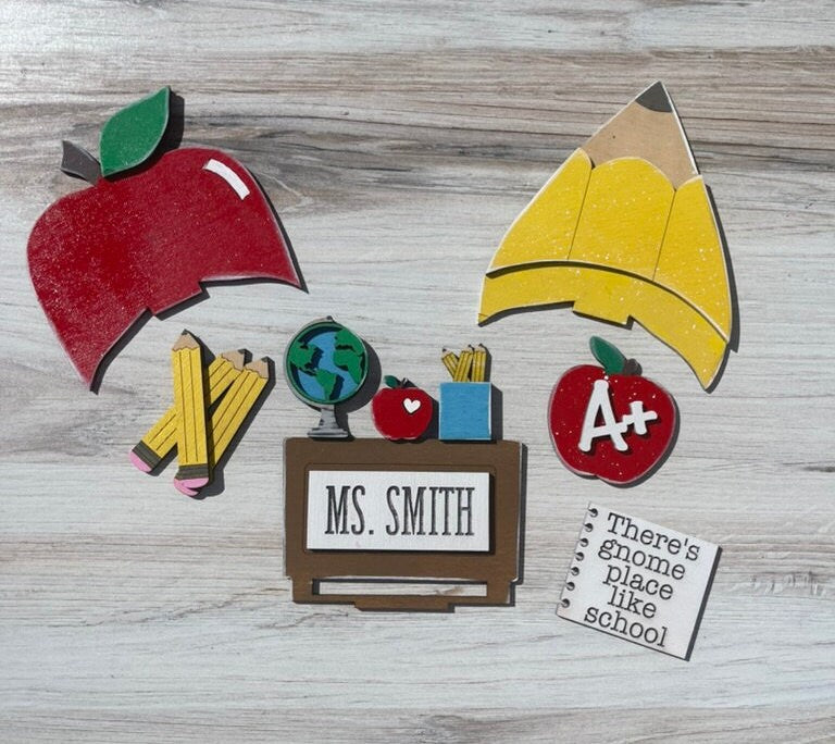 Mrs. Smith DIY School Freestanding Wood Gnome Outfits- Teacher Interchangeable Gnomes from Little August Ranch.