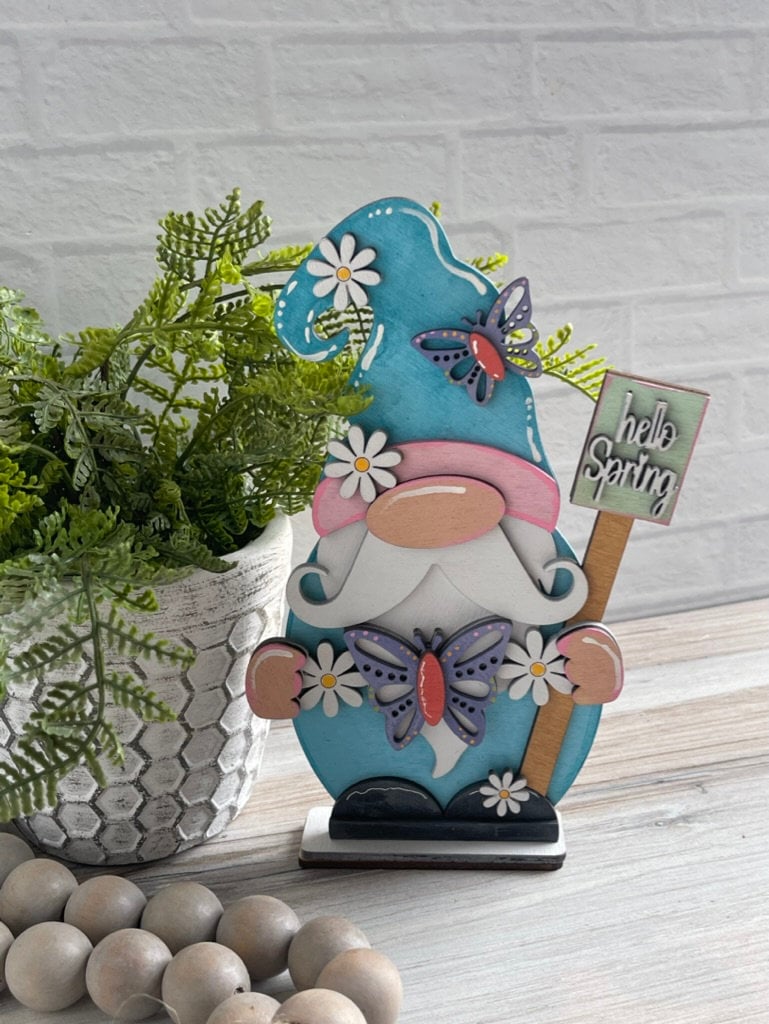 Spring Gnome with Flowers and Butterflies DIY Wood Paint Kit- Standing Gnome on Base - DIY Paint Kit