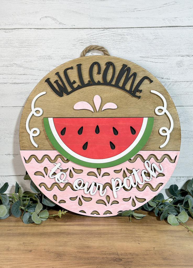 Watermelon Welcome to our Patch Door Hanger DIY Kit - Paint Kit Wall Hanging - Paint Kit - Round Wood Blank