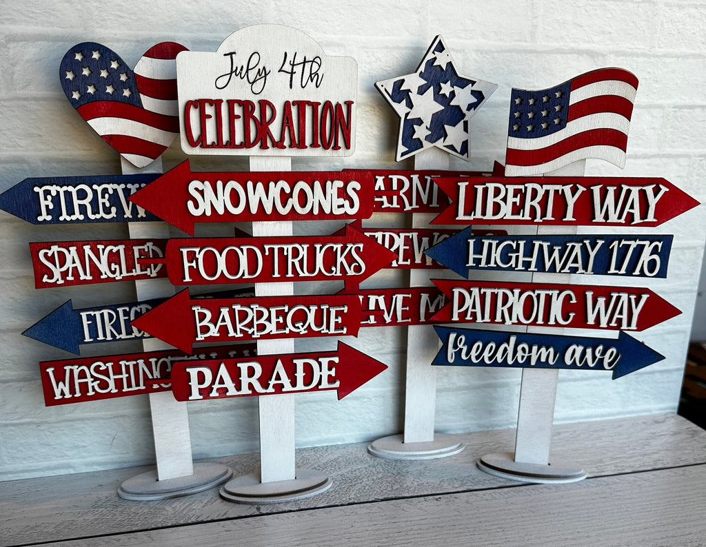 4th of July Direction Sign Decor - Tiered Tray Hand Painted Wood Street Signs