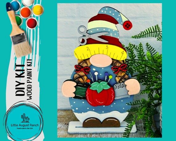 Quilter Gnome DIY Wood Paint Kit- Standing Gnome on Base - DIY Paint Kit