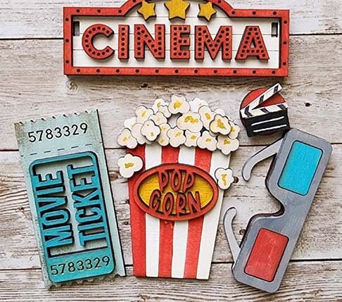 Movie Night Set DIY Wood Kit - Inserts for Interchangeable Pieces - Freestanding Shelf Decor - Paint it Yourself Kit