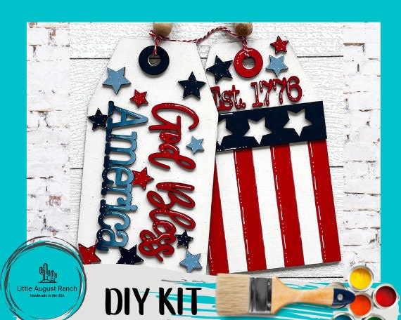 Patriotic Door Hanger Tag Set - God Bless the USA DIY Paint Kit Wood Blank Set