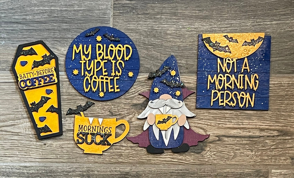 A set of Little August Ranch DIY Halloween Coffee Tiered Tray - Wood Blank Paint Kit with the words 'blood types' and 'morning coffee'.