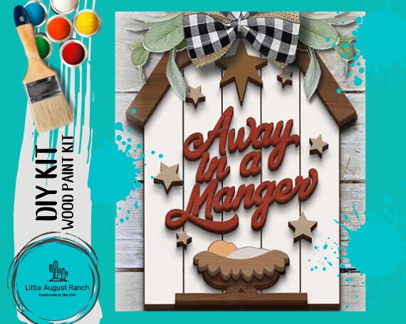 Away in the Manger, Baby Jesus Christmas Door Hanger - DIY Paint Kit Wood Blank