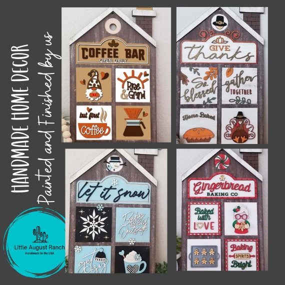 Hand Painted House Frame and Interchangeable 7 Piece Wood Squares Sets- finished Home Decor