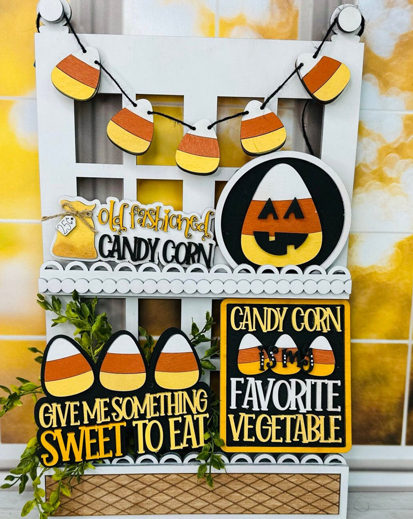 Halloween Candy Corn Give me Something Sweet Tiered Tray Set - Hand Painted Home DEcor for Halloween