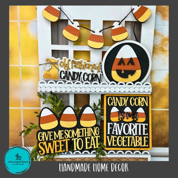 Halloween Candy Corn Give me Something Sweet Tiered Tray Set - Hand Painted Home DEcor for Halloween