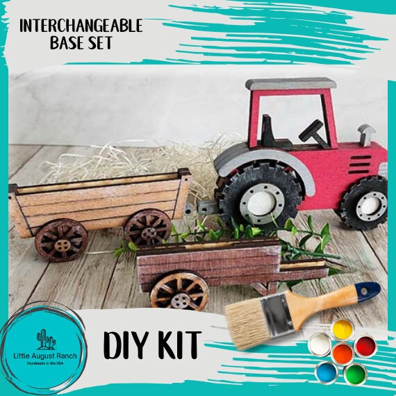 DIY Tractor and Wheelbarrow Set Interchangeable Base for Drop in Signs - Tiered Tray Decor Companion