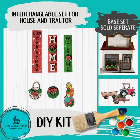 Christmas Mini Leaner DIY Interchangeable Add-ons for House and Tractor - Wood Blanks for Crafting and Painting