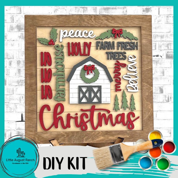 Farmhouse Christmas Word Collage Square Framed - DIY Wood Blank Paint and Craft Kit
