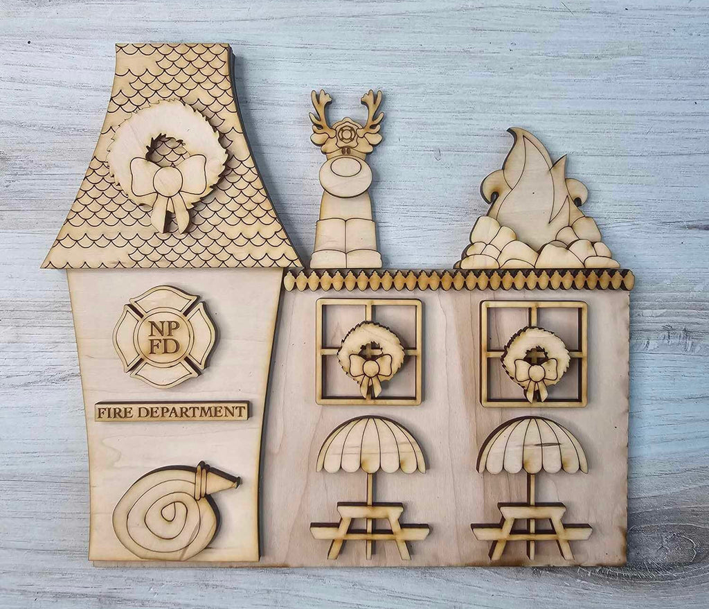 Christmas Village Self Standing Double Sided Pieces - FIRE STATION - Winter Village Wood Blanks